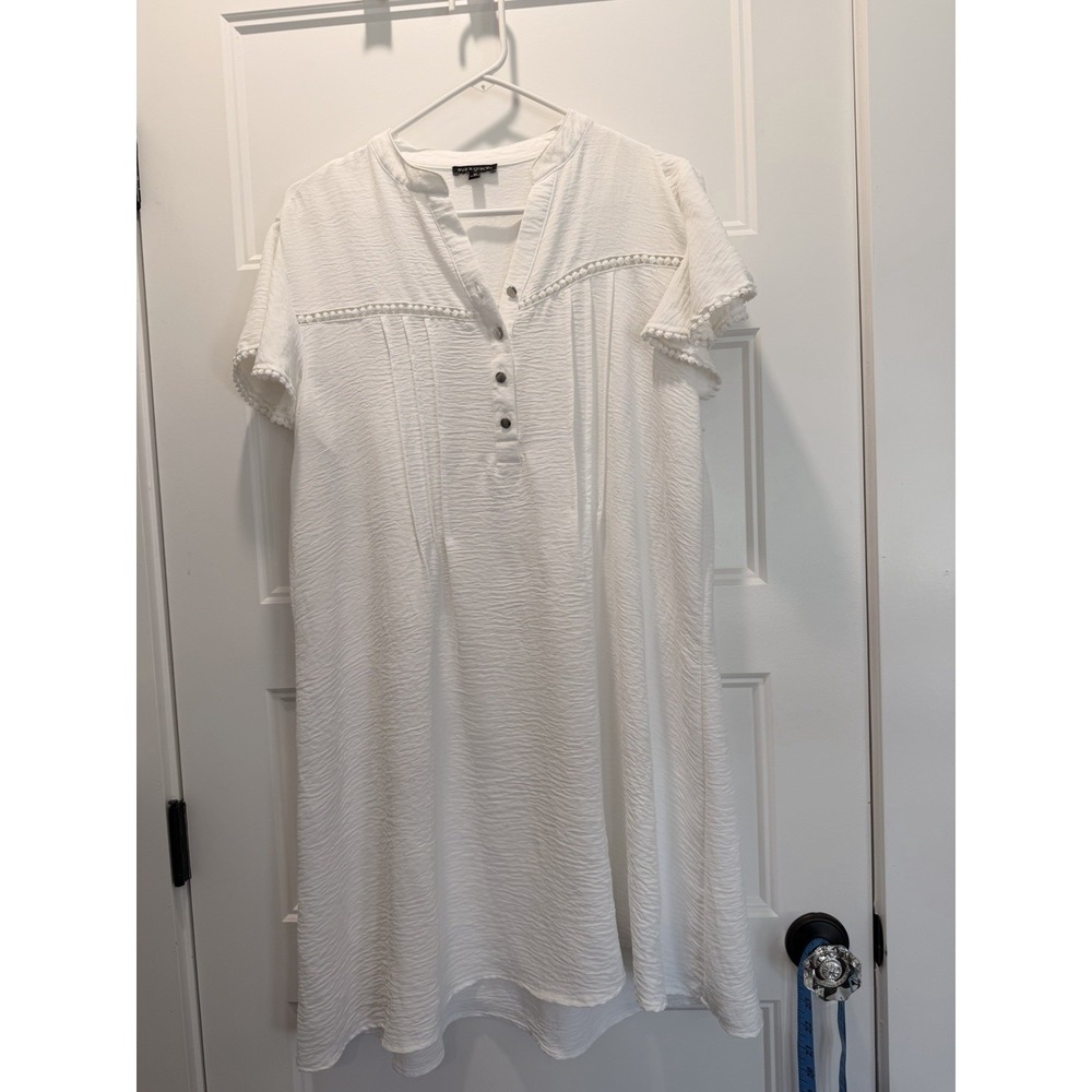 Ava & Grace White Swiss Dot Tiered Mini Dress XL Pom Pom Trim Boho Coastal
